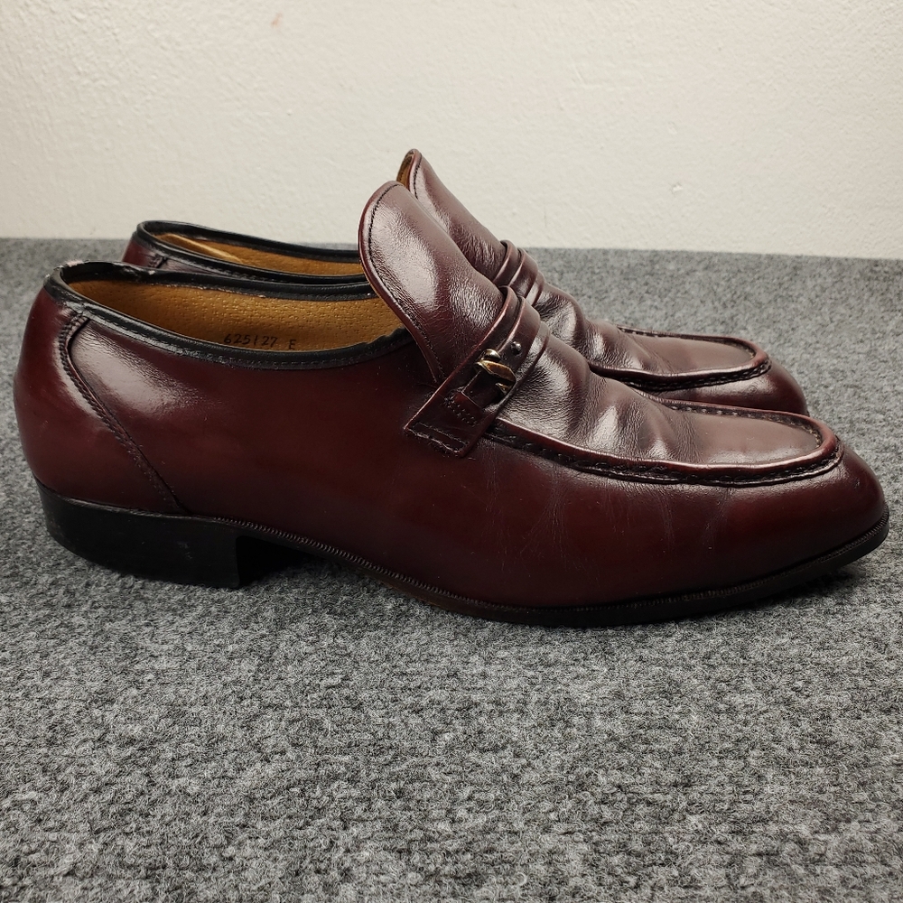 Vintage 70s Florsheim Oxblood Leather Loafers 11D Slip On Dress Shoes Steel Toe